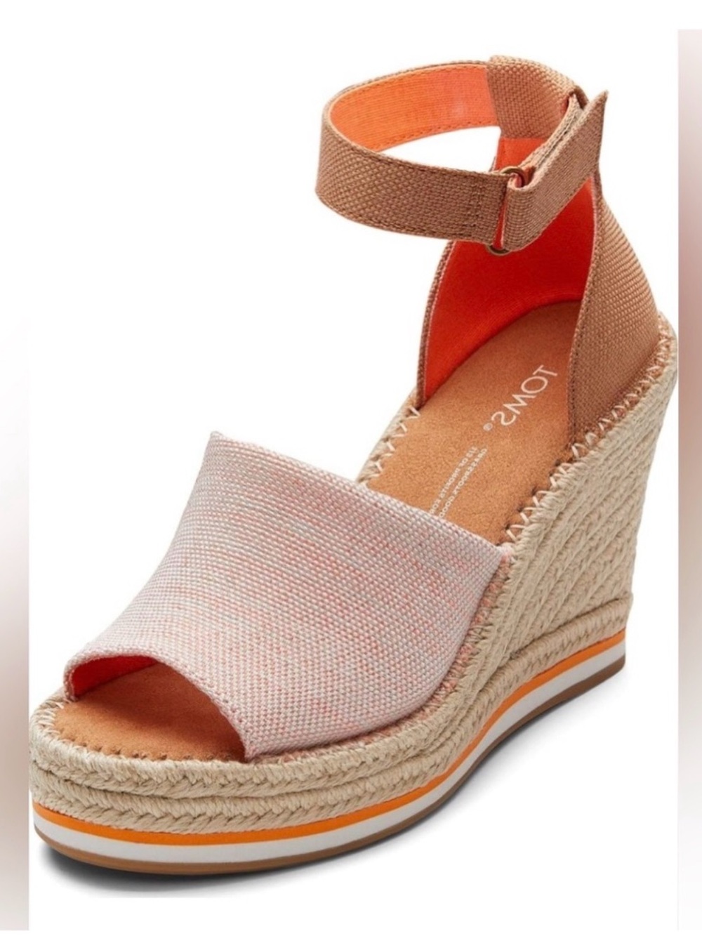 TOMS Pink Canvas Espadrille Wedge with Tan Ankle Strap